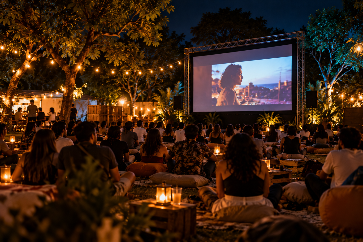 Una pequeña proyección de cine al aire libre con una estética artística y relajada, público joven y una pantalla iluminada durante la noche.