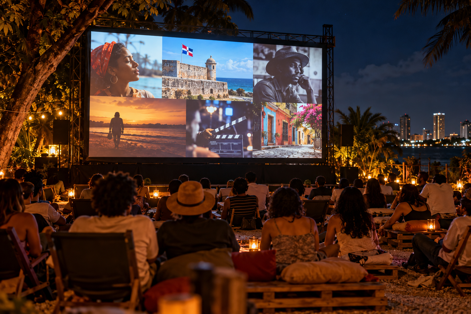 Personas disfrutando una proyección de cine al aire libre con imágenes relacionadas con la cultura y el cine dominicano